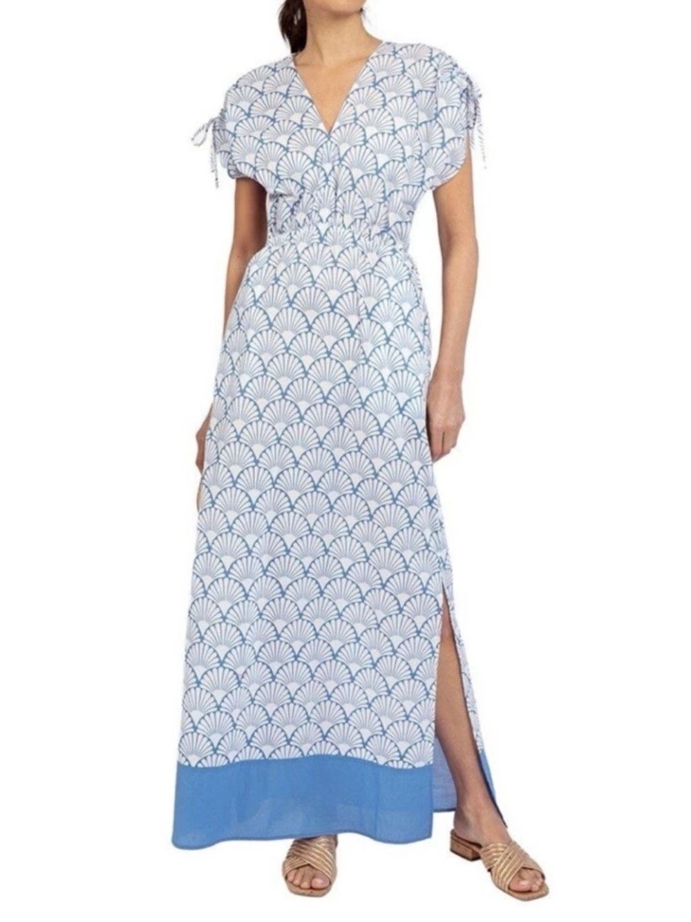 J Mclaughlin Maxi Dress Small Etta Seashells  Blue & White Cotton NWT